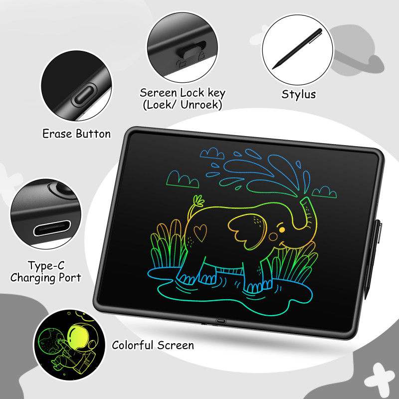 15-inch Rechargeable LCD Drawing Tablet for Kids,  black