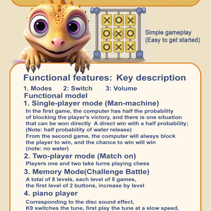 Electronic Cute Dinosaur Tic-Tac-Toe Game, Smart AI Handheld Game Console, Multiple Game Modes to Train Memory and Reaction Skills, Portable Educational Toy, Blue Version (Batteries Not Included)