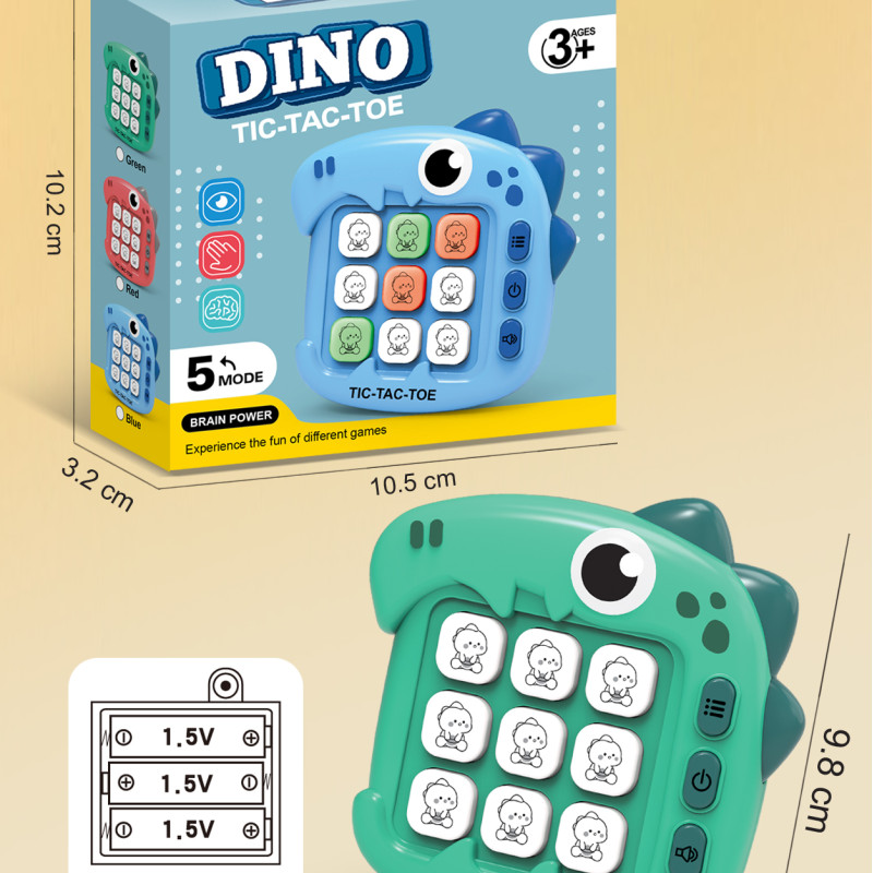 Electronic Cute Dinosaur Tic-Tac-Toe Game, Smart AI Handheld Game Console, Multiple Game Modes to Train Memory and Reaction Skills, Portable Educational Toy, Blue Version (Batteries Not Included)
