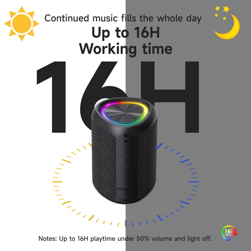 Wireless Speaker with HD Sound, Waterproof IPX4 Portable Wireless, Up to 16H Playtime, TWS Pairing, BT5.3, for Home/Party/Outdoor/Beach, Electronic Gadgets, Birthday Gift (Black)