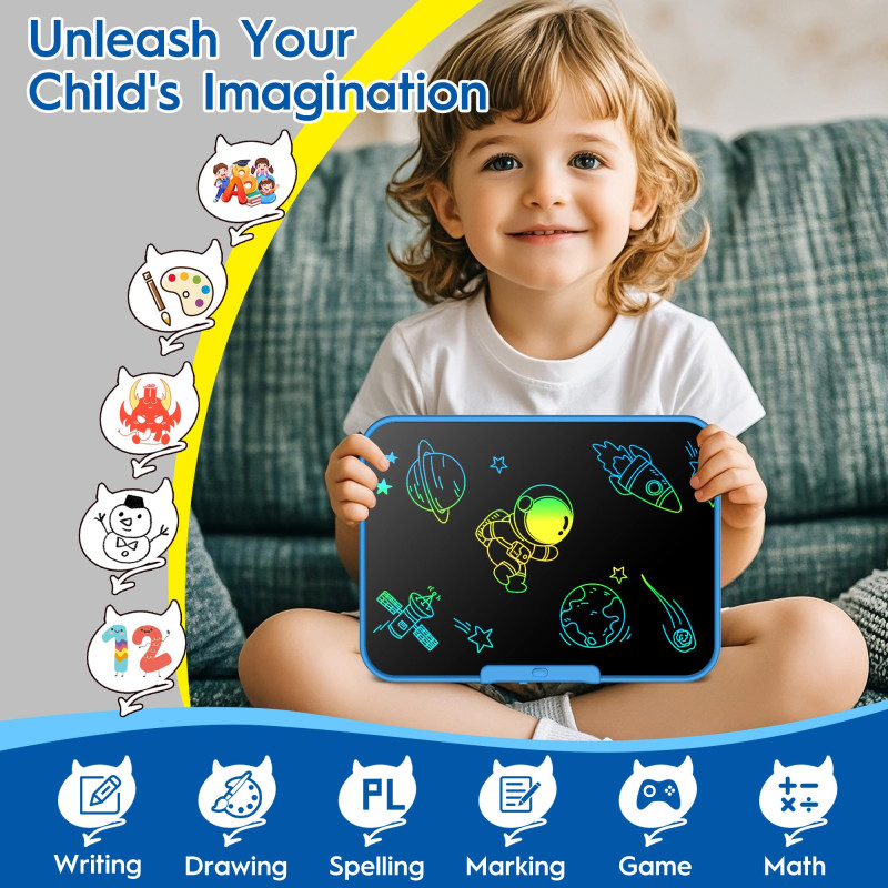 Small Model LCD Writing Tablet for Kids, 12 Inch Large Kids Drawing Pad, Rechargeable and Mess Free Coloring Kids Drawing Tablet, painting accessoryDoodle Board, Learning Toys for 3＋Year Old Boys Girls Birthday  easter gift with Quick Erase Button Blue