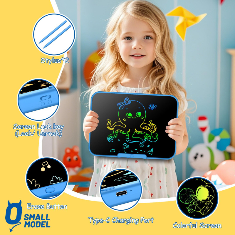 Small Model LCD Writing Tablet for Kids, 12 Inch Large Kids Drawing Pad, Rechargeable and Mess Free Coloring Kids Drawing Tablet, painting accessoryDoodle Board, Learning Toys for 3＋Year Old Boys Girls Birthday  easter gift with Quick Erase Button Blue