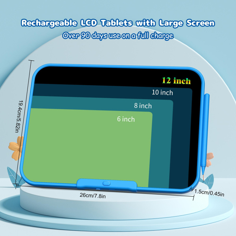 Small Model LCD Writing Tablet for Kids, 12 Inch Large Kids Drawing Pad, Rechargeable and Mess Free Coloring Kids Drawing Tablet, painting accessoryDoodle Board, Learning Toys for 3＋Year Old Boys Girls Birthday  easter gift with Quick Erase Button Blue